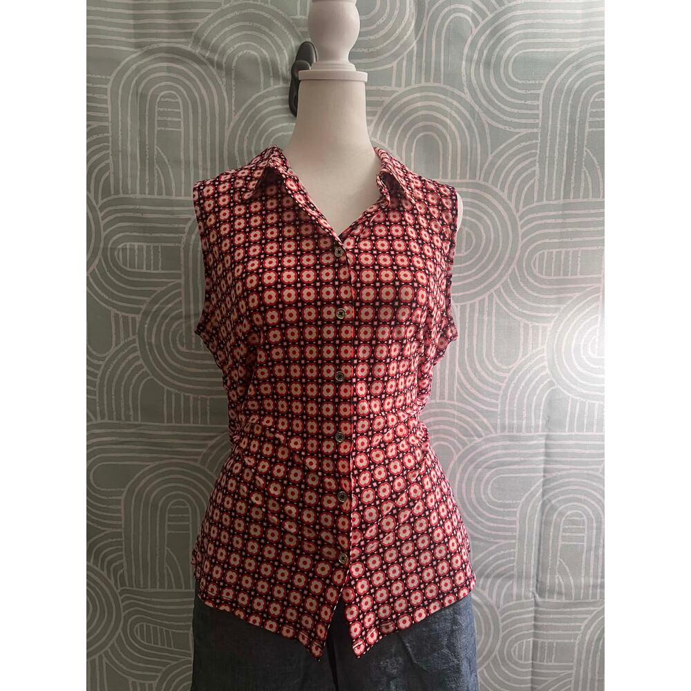 Tommy Hilfiger Women's Large Red Geometric Floral Button Front Stretch Blouse L